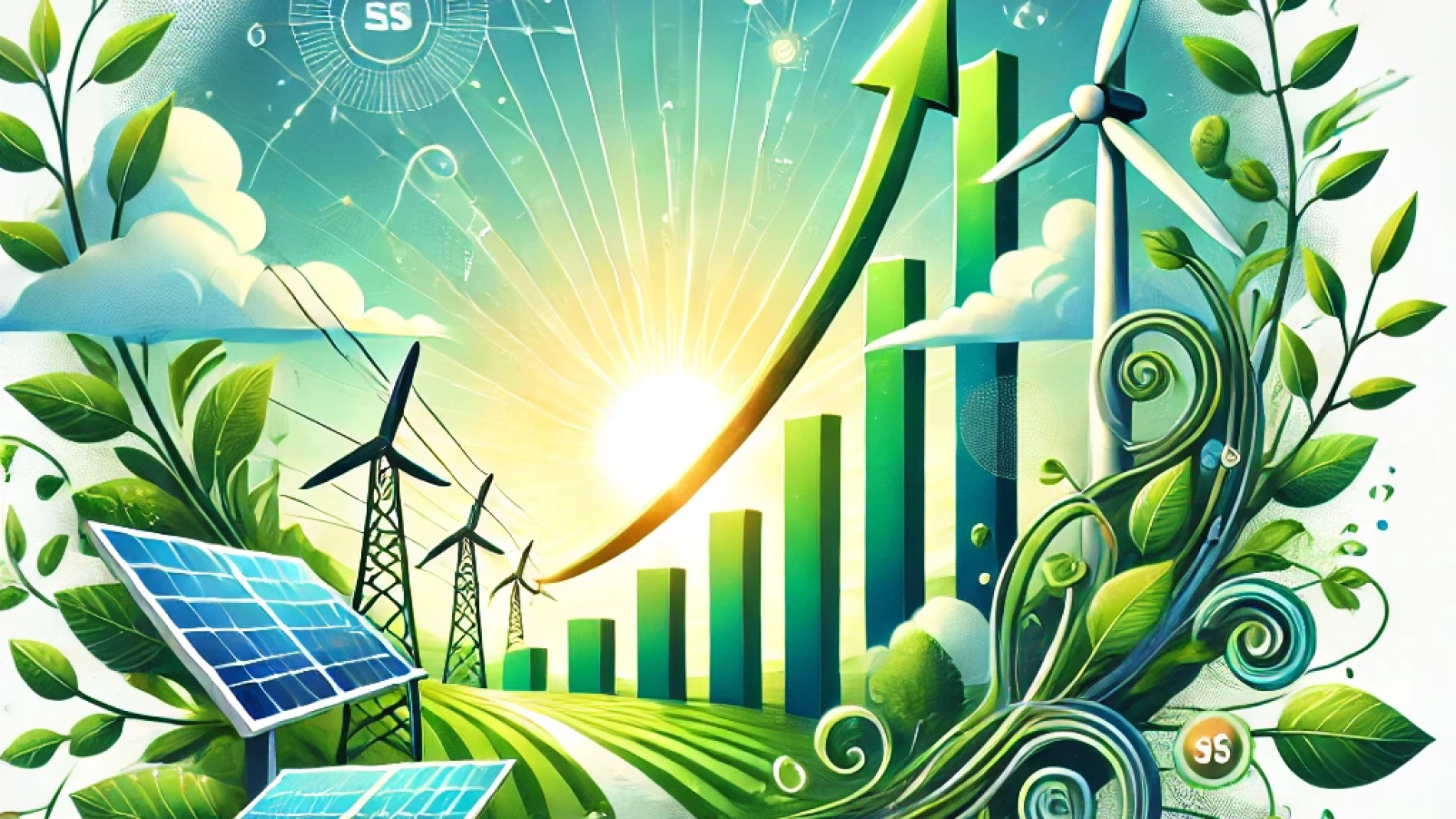 DALL·E 2024-08-22 14.13.05 - Design a high-resolution illustration titled 'Green Energy Stocks_ Positive Outlook for the Renewable Energy Sector.' The image showcases a vibrant an