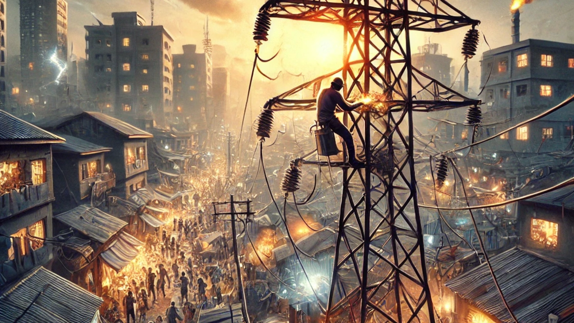 DALL·E 2024-09-23 15.43.13 - A scene depicting Nigeria's power sector failure to meet electricity demand. In the foreground, show a broken or malfunctioning electricity tower with