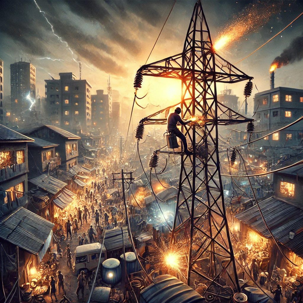 DALL·E 2024-09-23 15.43.13 - A scene depicting Nigeria's power sector failure to meet electricity demand. In the foreground, show a broken or malfunctioning electricity tower with